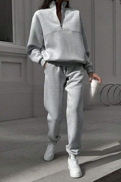 Know Women's 3 Thread Gray Zipper Detail Stand Collar Bottom Top Tracksuit Set