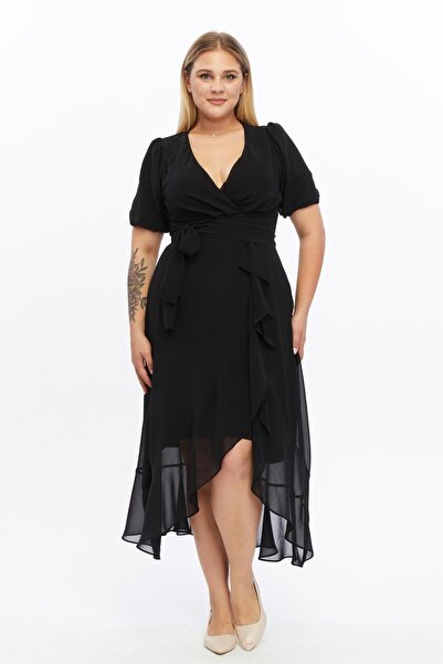 morise Apsen Women's Black Double-Breasted Belted Flywheel Detailed Plus Size...