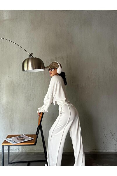 minaaise Women's Ecru Design Sweatshirt and Filthy Stitching Loose-Fit Rasterless Tracksuit Bottom/Top Suit 28374