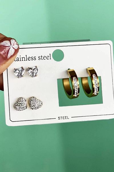 Vitastyle Gold Color 6-Piece Stone Detailed Heart Figured Steel Earrings Set