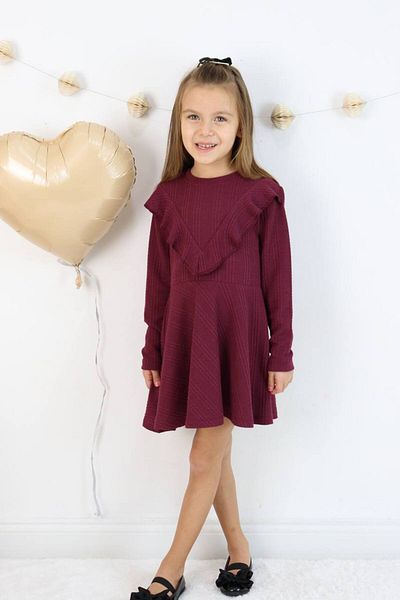 ARBİ kids Рокля за момиче с бордо коса и плетени детайли, ликра, памучен плат, празнична рокля