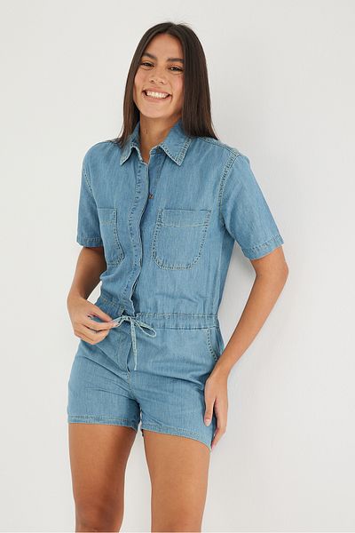 POODLE Salopetă din denim cu șireturi, cu guler de cămașă pentru femei