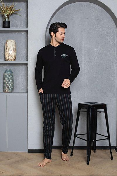 wear treasure Ανδρικό σετ πιτζάμες με μακρυμάνικο γιακά με κουμπιά 100% βαμβακερό εποχιακό πλεκτό χτενισμένο βαμβάκι