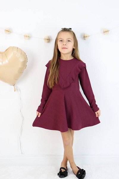 ARBİ kids Рокля за момиче с бордо коса и плетени детайли, ликра, памучен плат, празнична рокля