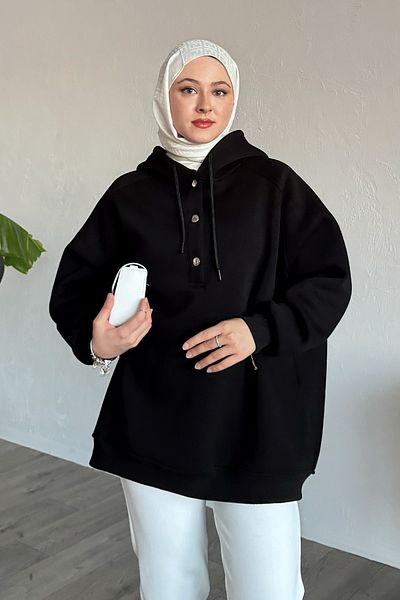 InStyle Snap Neck Hooded Black Sweat