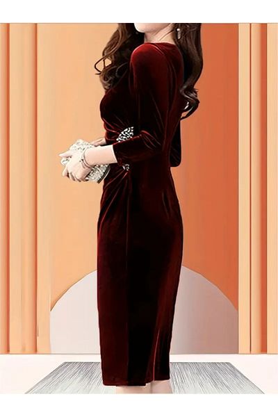 Viyamo New Season Women's Stone and Drawstring Detail Midi Length Velvet Stylish Invitation Dress