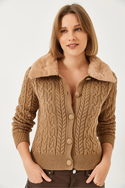 Bianco Lucci Women's Hair Braided Collar Fur Knitwear Cardigan