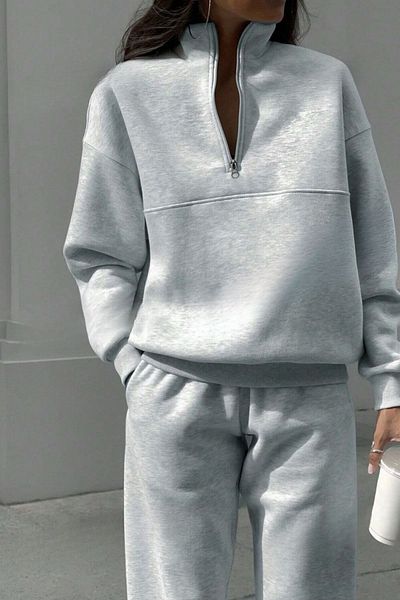 Know Women's 3 Thread Gray Zipper Detail Stand Collar Bottom Top Tracksuit Set