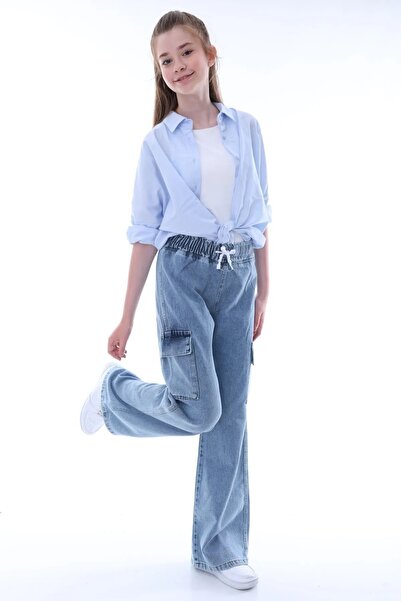 Your Consent Kız Çocuk Oversize Kargo Cepli Beli Lastikli %100 Pamuk Kot Pantolon