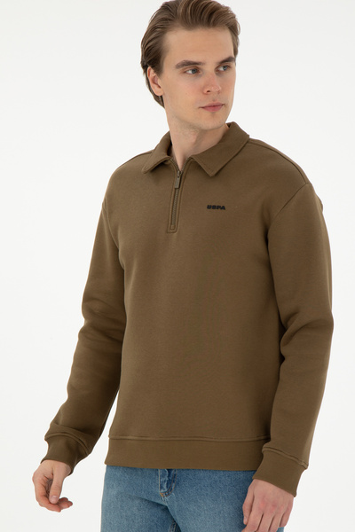 U.S. Polo Assn. Erkek Comfort Fit Yarım Fermuarlı Haki Basic Sweatshirt 50298265-VR027