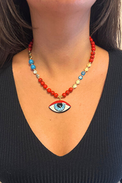 Suerte Accessories Mercan ve Firuze Doğal Taş El İşi Seramik Evin Eye Göz Naz...