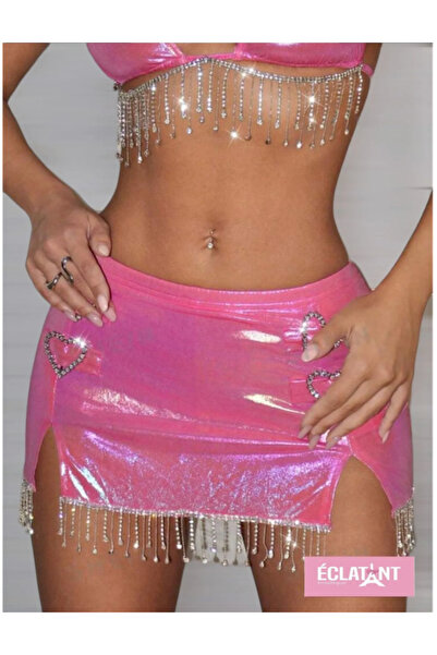 Y2K Kadın kalp detaylı pembe deri etek