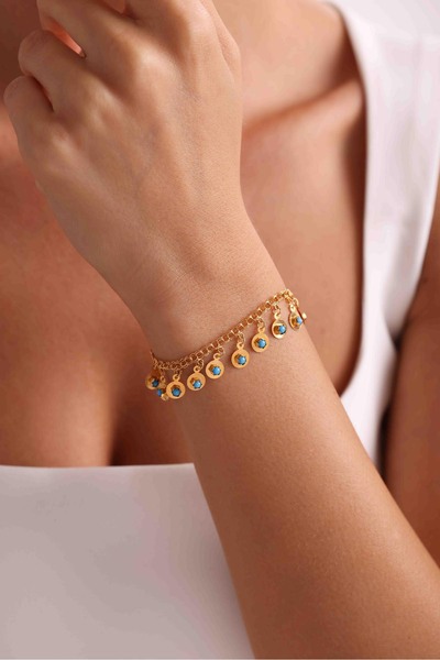 Bayar Gold 14 Ayar Altın Mavi Boncuklu Pullu Bileklik