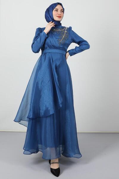 giz astore Taşlı Organze Abiye İndigo