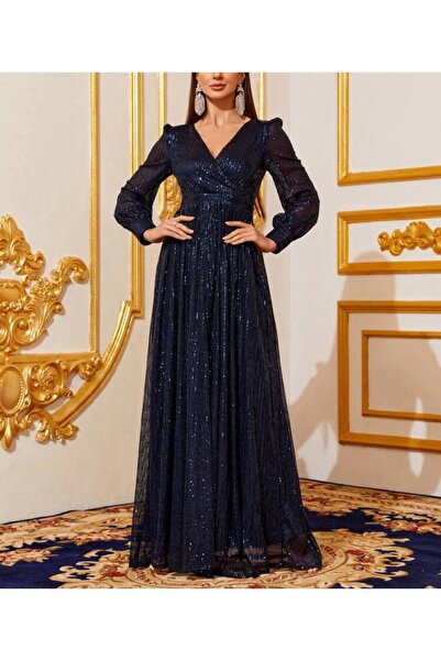 Styling Park Pul Payet V Yaka Uzun Kol Maxi Abiye Elbise