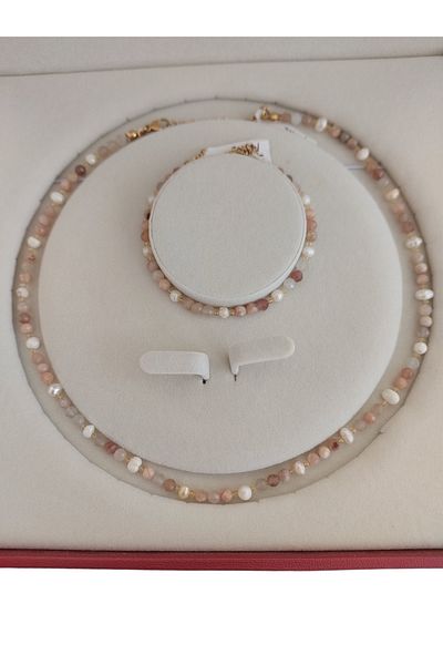 AYTENS TAKI Natural Sunstone and Natural Pearl Necklace Bracelet Set