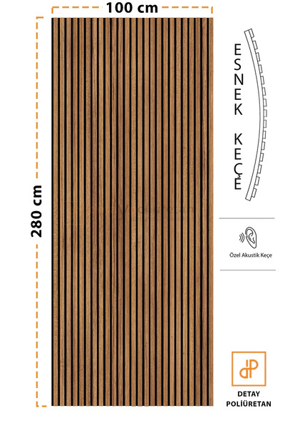 DETAYPOLİURETAN Mdf Ahşap Akustik Duvar Paneli 100x280 Cm ( Teak )