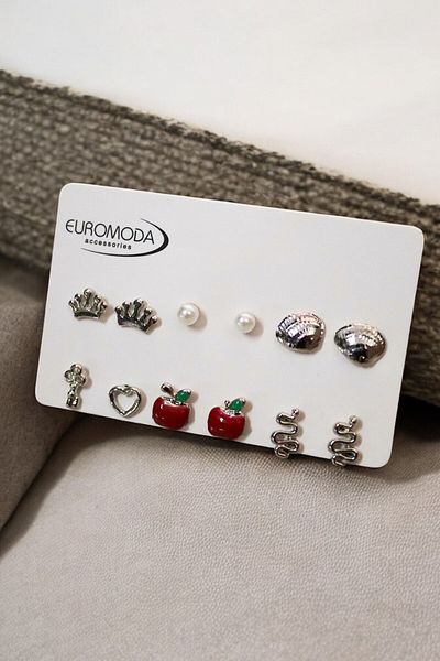 EUROMODA Set of 6 Earrings with Crown Sea Shell Snake Apple Heart Key Design Pearl Solitaire and Ball Earrings