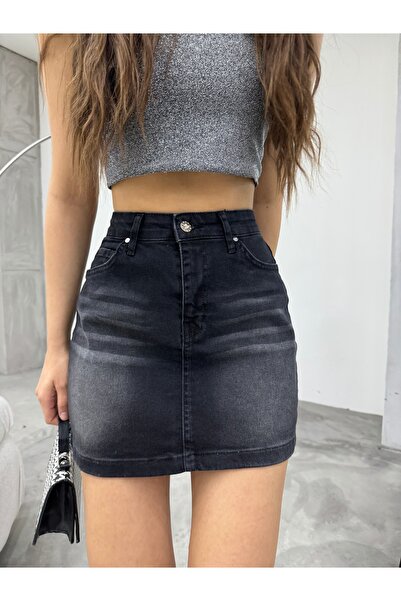 BİKELİFE Eskitme Soluk Efekt Vintage Yüksek Bel Mini Denim Etek