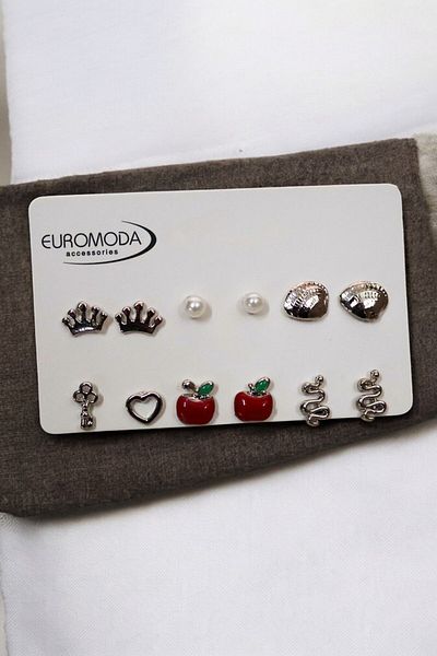 EUROMODA Set of 6 Earrings with Crown Sea Shell Snake Apple Heart Key Design Pearl Solitaire and Ball Earrings