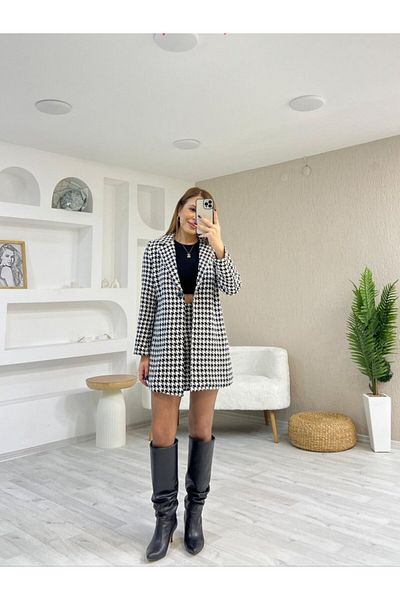 modaserdem Women's Houndstooth Pattern Wadded Detail Coat and High Waist Skirt Double Set