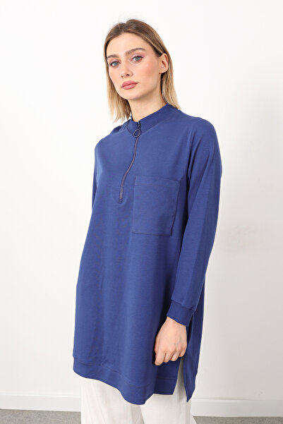 Linvey Günlük Dik Yaka Fermuarlı Tek Cepli İki İplik Rahat Kalıp Tunik Tesettür