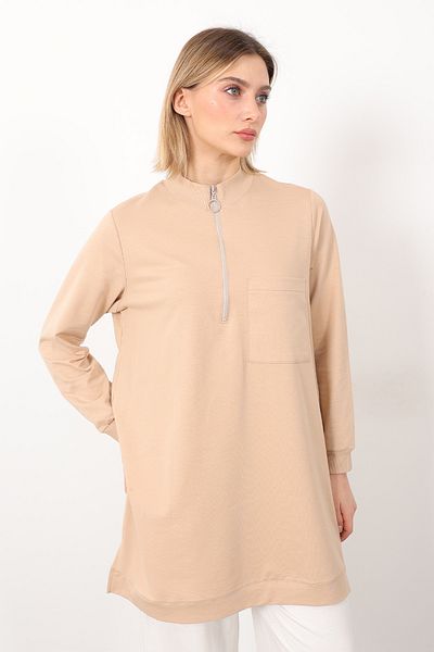 Linvey Daily Stand Collar Zippered Single Pocket Two Thread Comfortable Fit Tunic Hijab