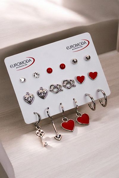 EUROMODA Set of 9 Earrings with Red Heart Enameled Heart Key Design Pearl Solitaire Hoop and Ball Earrings