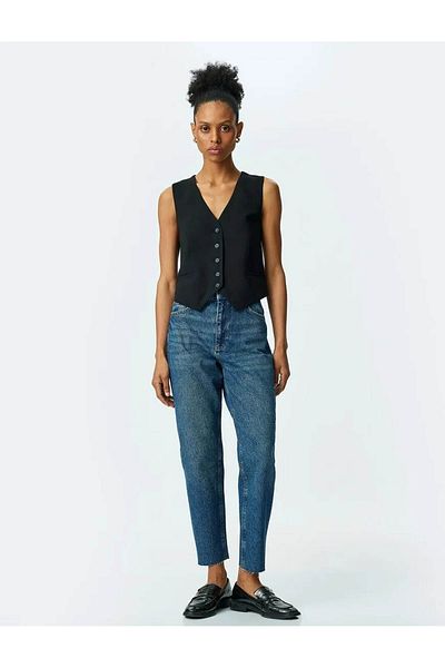 Koton High Waist Dark Indigo Mom Jeans - Comfortable Fit Women Pants 5Sal40046Md