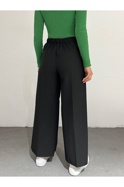 Modamorfo Double Wide Leg Trousers with Lace-Up Waist -Black