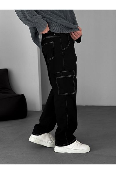 BYBASICMAN Jean Baggy Cargo cu cusături negre Ke-407