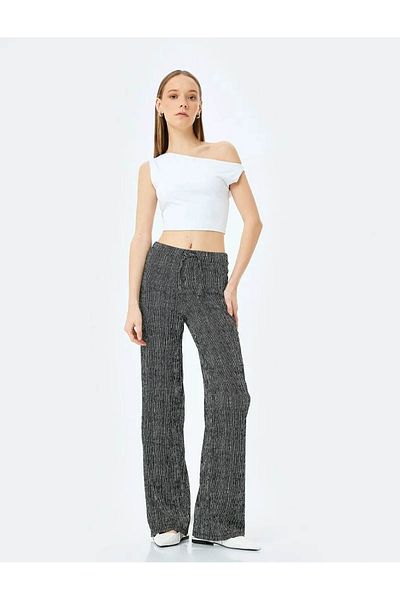 Koton Women's Lace-Up Waist Wide Leg Black Trousers 5Sal40013Ik