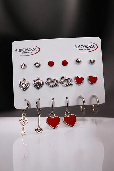 EUROMODA Set of 9 Earrings with Red Heart Enameled Heart Key Design Pearl Solitaire Hoop and Ball Earrings