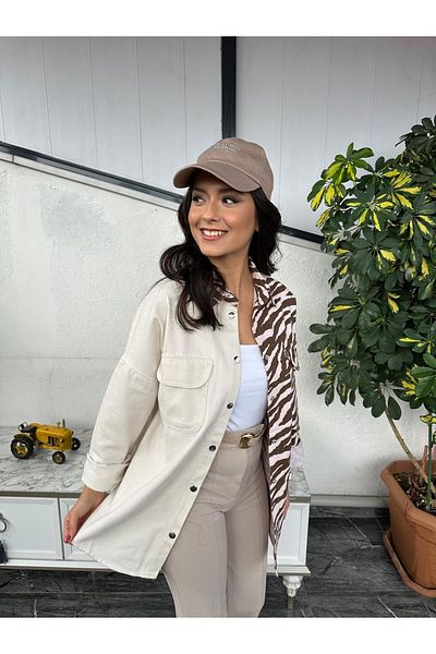 Kübra Tekstil Women's Oversize Fit Gabardine Zebra Print Long Sleeve 100% Cotton Shirt, Jacket