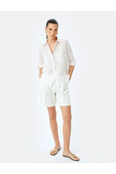 Koton Cămașă de damă oversize roz cu mânecă scurtă brodata cu piatră 5sak60194uw