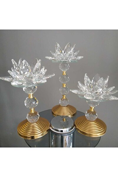 HİLALKRİSTAL Lotus Çiçeği Gold Detaylı Kristal 3 lü Şamdan Mumluk set