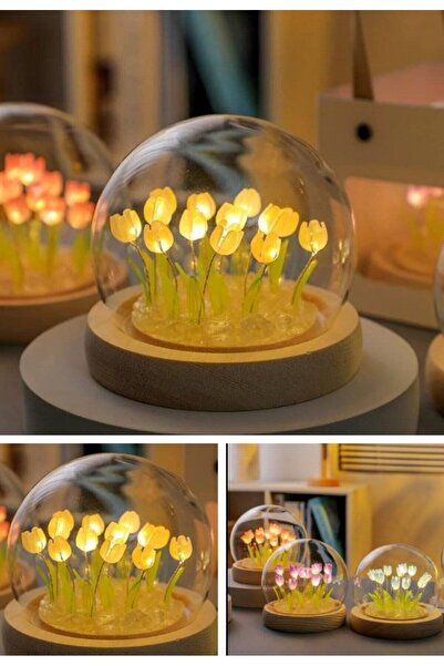 Lexi Bella Gece ve Masa Lambası Cam Küre Yeni Nesil El Yapımı Dekoratif Hediye 11 Ledli Sarı Laleler Cam Küre