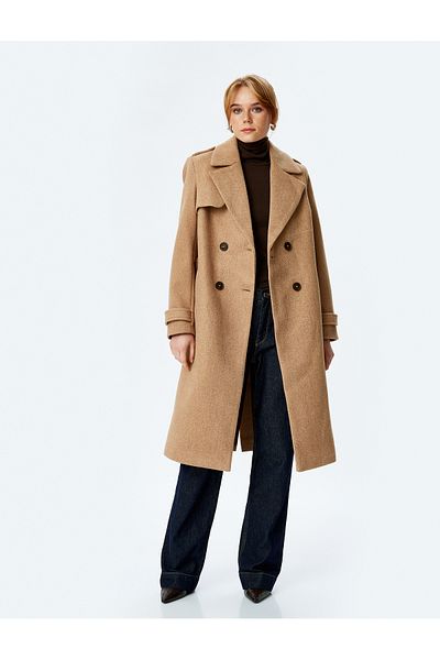 Koton Pocketed Buttoned Double Breasted Belt Detailed Long Stamp Coat