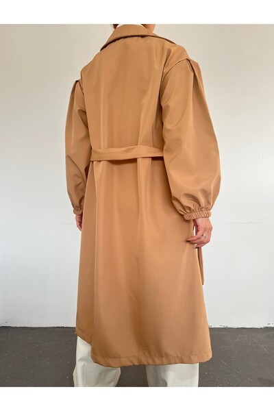 Modamorfo Beli Bağcıklı Kolu Lastikli Tesettür Trenckot -vizon
