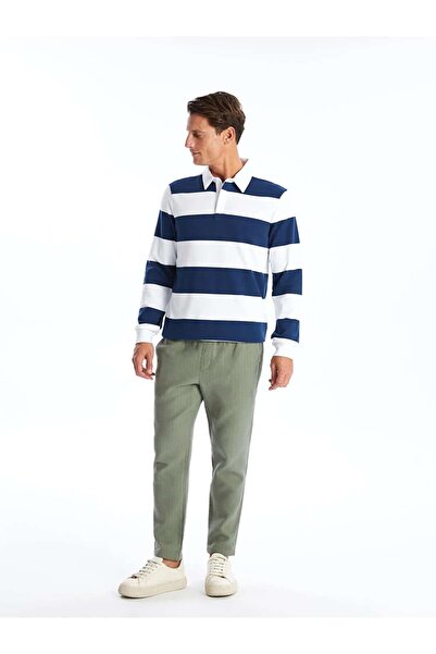 LC Waikiki Lcwaikiki Classic İndigo Polo Yaka Uzun Kollu Çizgili Erkek Sweatshirt