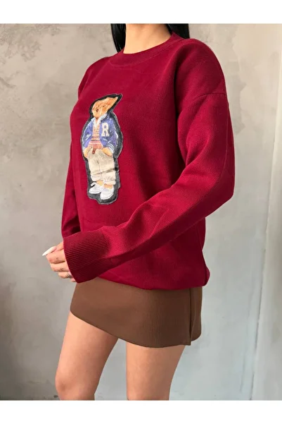 sportiness Embroidered Oversized Bear Bearing Stricked Sweater