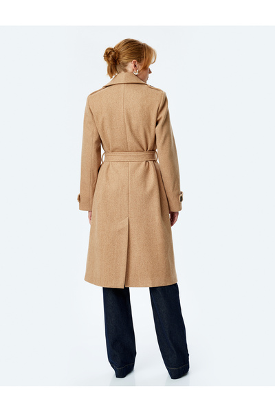 Koton Pocketed Buttoned Double Breasted Belt Detailed Long Stamp Coat