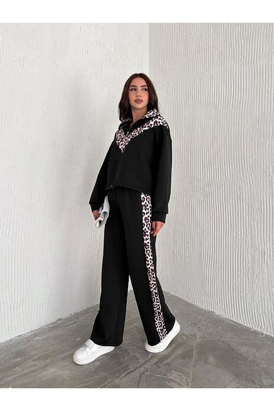 Velista Leopard Garnish Straight Neck Zip Scuba Fabric Tracksuit Suit