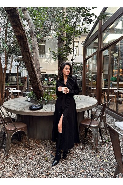 SANX Kadın Siyah Uzun Boy Düğmeli Kuşaklı Fırfır Detaylı Gömlek Elbise Günlük...