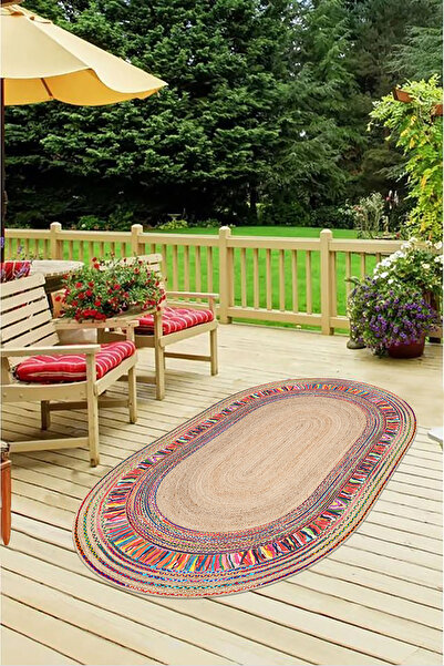 eco concept Oval Hasır Desen Dijital Baskı Yıkanabilir Kaymaz Taban Ince Salon Mutfak Balkon Halısı