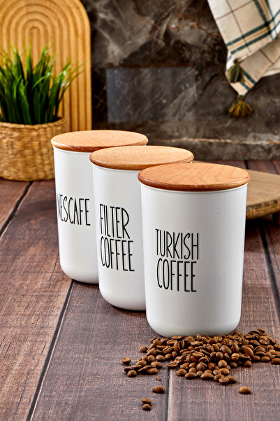 MODA OZY Turkishcoffe/Filtercoffe/Nescafe Acrylic Jar Set of 3 with 900ml Wooden Vacuum Lid - Transfer Label