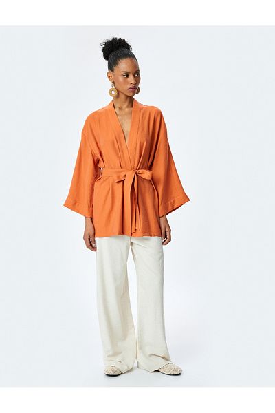 Koton Viscose Loose Fit Long Wide Sleeve Belted Shawl Neck Kimono