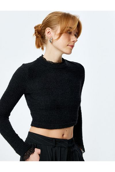 Koton Lace Detailed Stand Collar Long Sleeve Knitwear Plush Crop Sweater