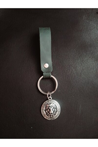 BSN Store سلسلة مفاتيح من الجلد الطبيعي باللون الأخضر الكاكي مع شكل أسد إسكندنافي