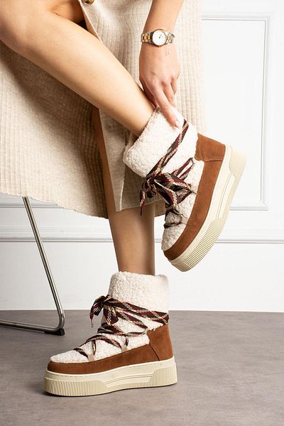 ShoeTek Γυναικείες μπότες Luinsa Beige Tan Suede - με γούνα εξωτερικά και κορδόνια